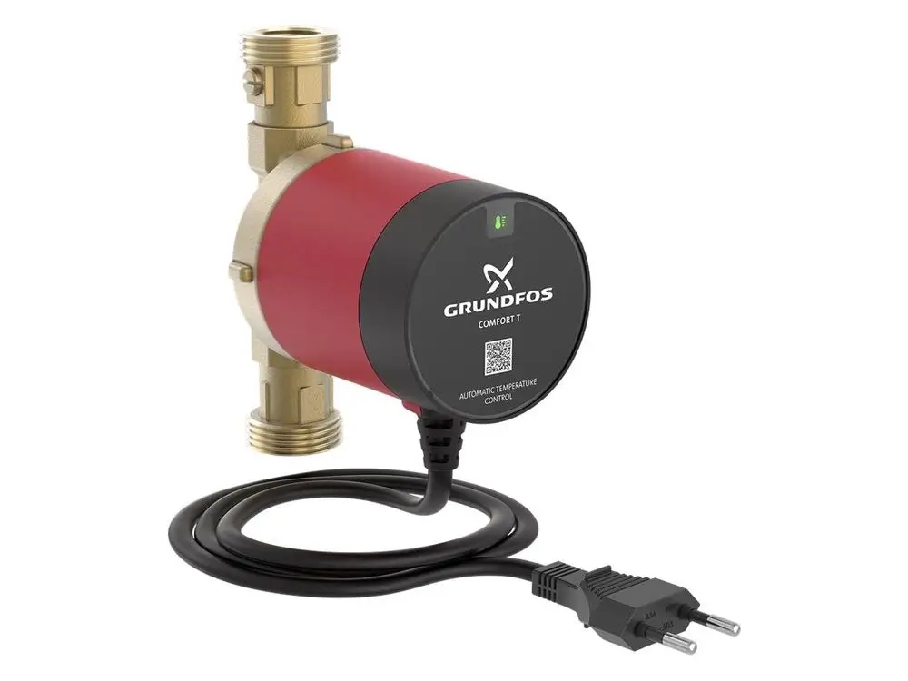 Zirkulationspumpe von Grundfos mit einem kompakten Design, bestehend aus metallischen und elektrischen Komponenten, zur effizienten Steuerung von Warmwasser.